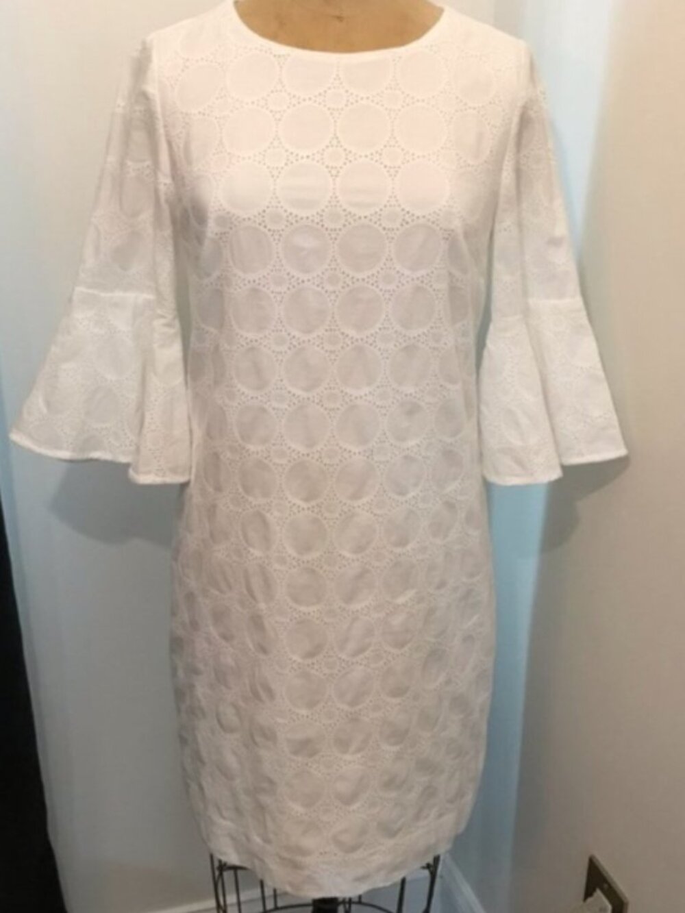 J CREW Boho Embroidered Eyelet Lace Mini Shift Dress with Bell Sleeves - Size XL